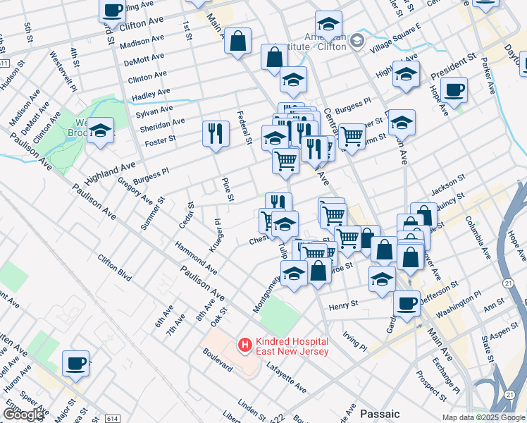 map of restaurants, bars, coffee shops, grocery stores, and more near 308 Sherman Street in Passaic