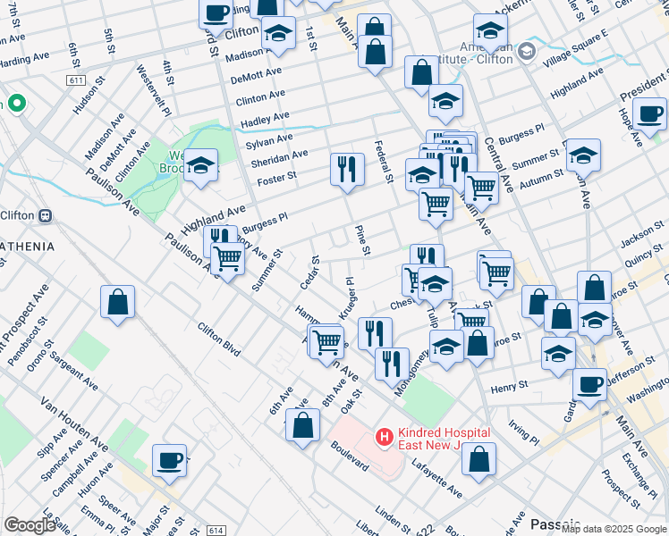 map of restaurants, bars, coffee shops, grocery stores, and more near 555 McKinley Street in Passaic