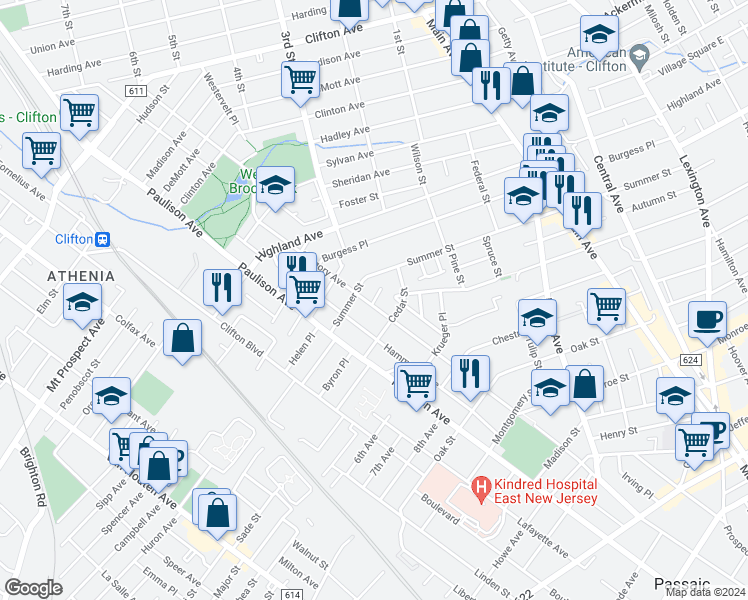 map of restaurants, bars, coffee shops, grocery stores, and more near 584 Gregory Avenue in Clifton