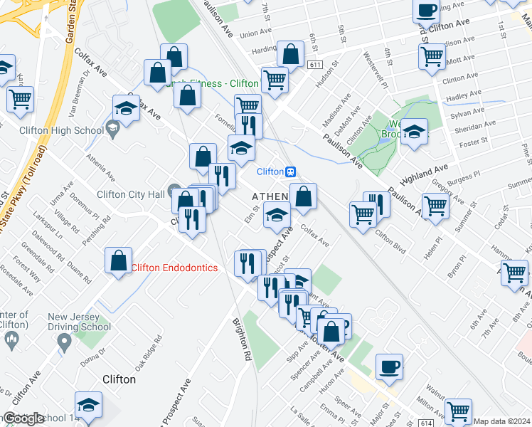 map of restaurants, bars, coffee shops, grocery stores, and more near 71 Elm Street in Clifton