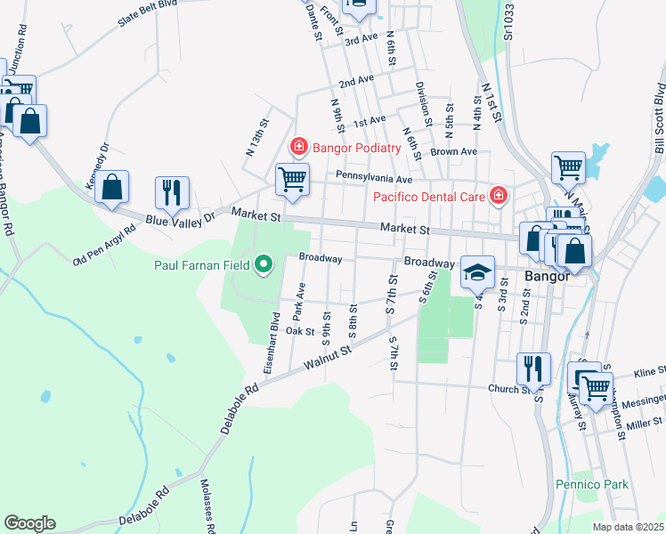 map of restaurants, bars, coffee shops, grocery stores, and more near 836 Broadway in Bangor