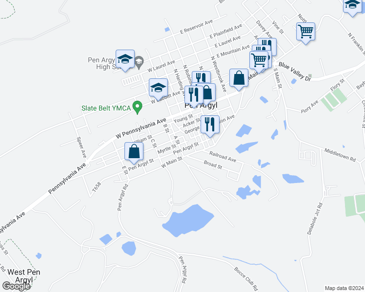 map of restaurants, bars, coffee shops, grocery stores, and more near 217 Pen Argyl Street in Pen Argyl