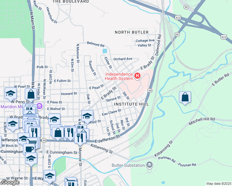 map of restaurants, bars, coffee shops, grocery stores, and more near 407 Cherry Street in Butler
