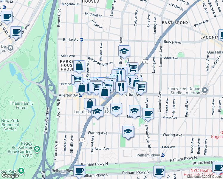 map of restaurants, bars, coffee shops, grocery stores, and more near 2717 Matthews Avenue in Bronx