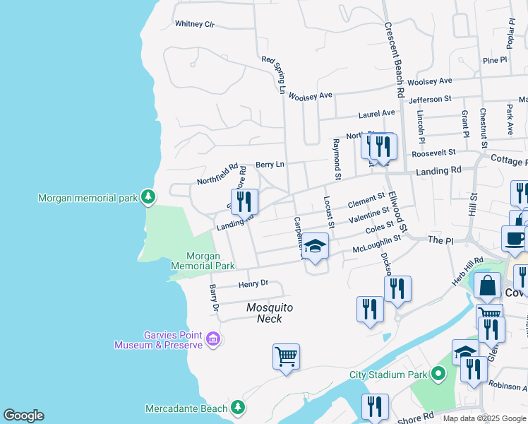 map of restaurants, bars, coffee shops, grocery stores, and more near 133 Landing Road in Glen Cove