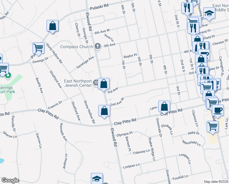 map of restaurants, bars, coffee shops, grocery stores, and more near 721 3rd Avenue in East Northport