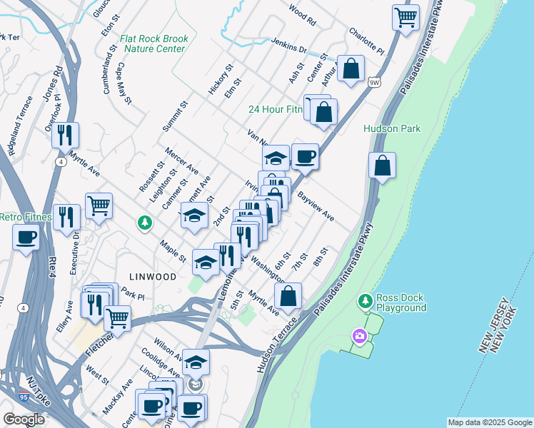 map of restaurants, bars, coffee shops, grocery stores, and more near 11 Sylvan Avenue in Englewood Cliffs