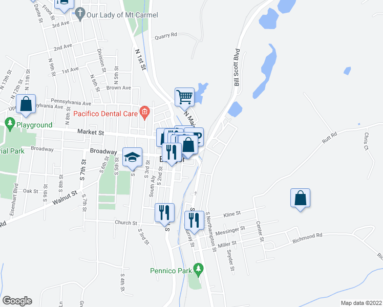 map of restaurants, bars, coffee shops, grocery stores, and more near 13 Broadway in Bangor