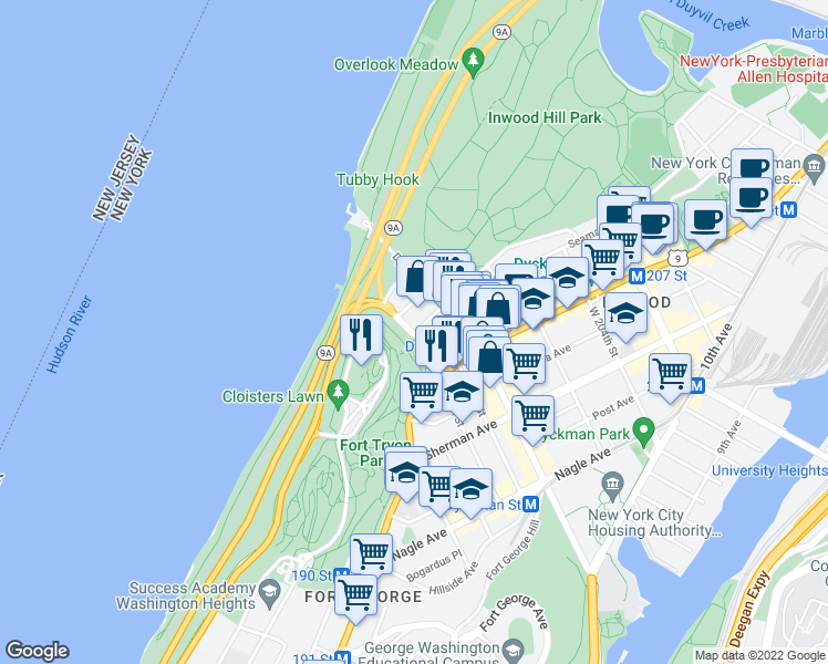 map of restaurants, bars, coffee shops, grocery stores, and more near Riverside Drive & Payson Avenue in New York