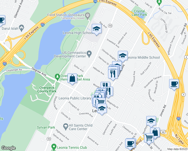 map of restaurants, bars, coffee shops, grocery stores, and more near 216 Leonia Avenue in Leonia