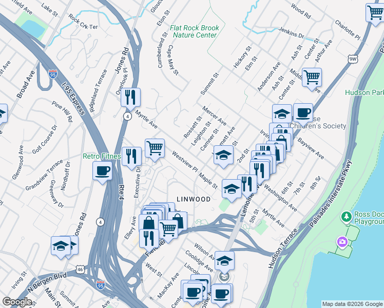 map of restaurants, bars, coffee shops, grocery stores, and more near 485 Westview Place in Fort Lee