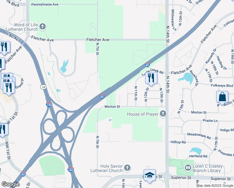map of restaurants, bars, coffee shops, grocery stores, and more near 5249 North 9th Circle in Lincoln