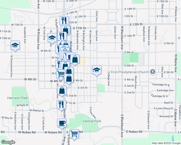 map of restaurants, bars, coffee shops, grocery stores, and more near 501 North Iowa Avenue in York
