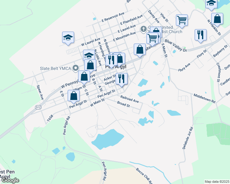 map of restaurants, bars, coffee shops, grocery stores, and more near 26 Pen Argyl Street in Pen Argyl