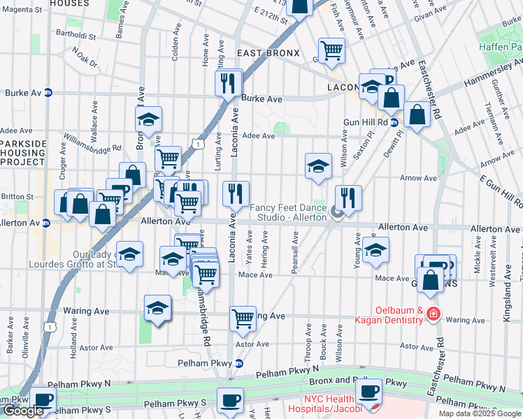 map of restaurants, bars, coffee shops, grocery stores, and more near 2717 Hering Avenue in Bronx