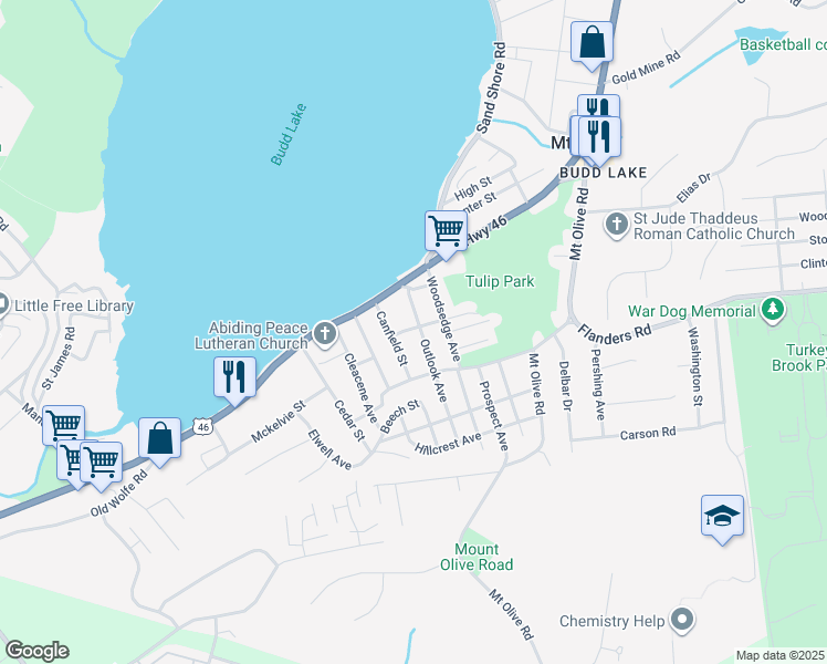 map of restaurants, bars, coffee shops, grocery stores, and more near 16 Outlook Avenue in Mount Olive