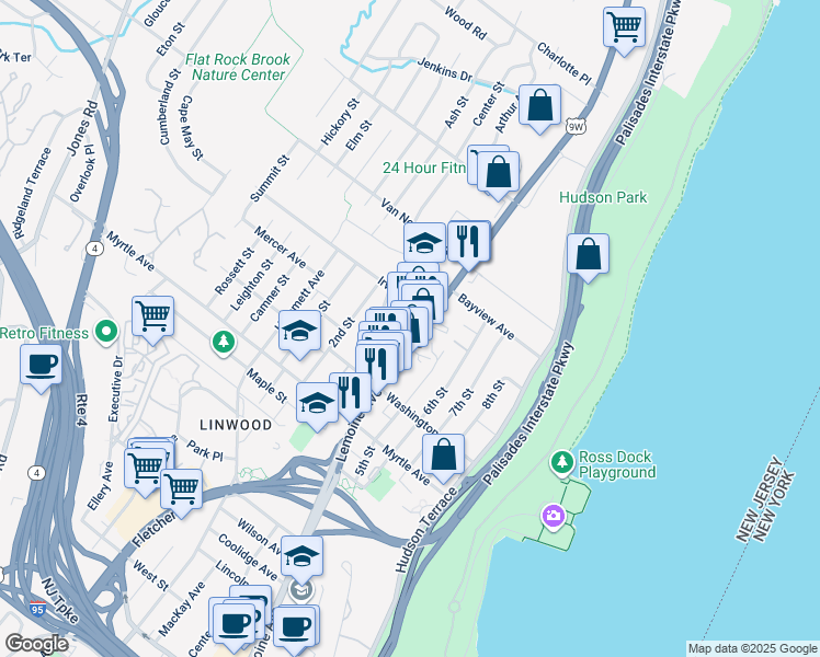 map of restaurants, bars, coffee shops, grocery stores, and more near 11 Sylvan Avenue in Englewood Cliffs