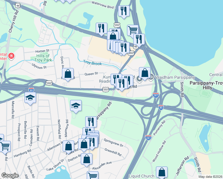 map of restaurants, bars, coffee shops, grocery stores, and more near 270 Littleton Road in Parsippany-Troy Hills