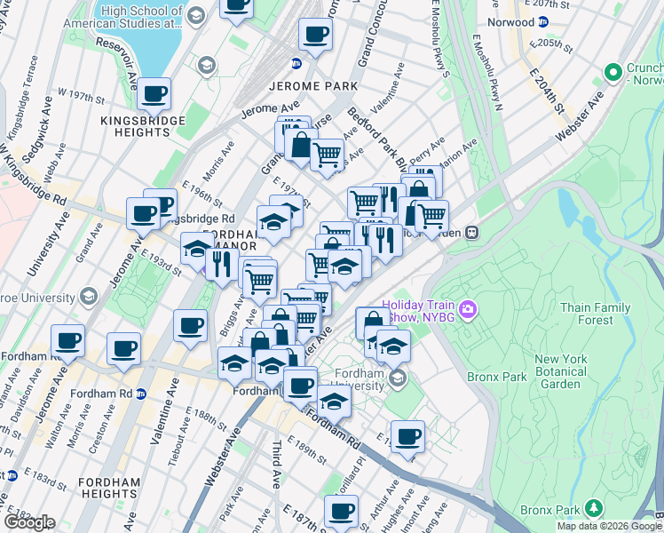 map of restaurants, bars, coffee shops, grocery stores, and more near 2738 Marion Avenue in The Bronx