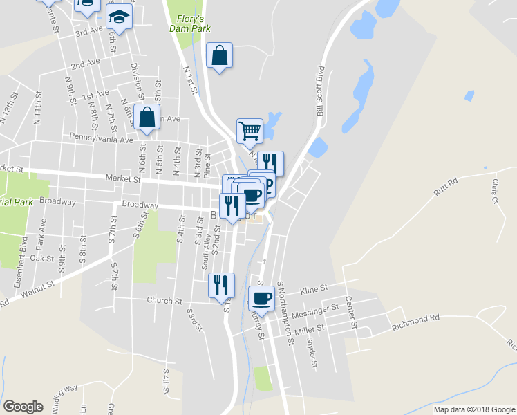 map of restaurants, bars, coffee shops, grocery stores, and more near 21 Broadway in Bangor