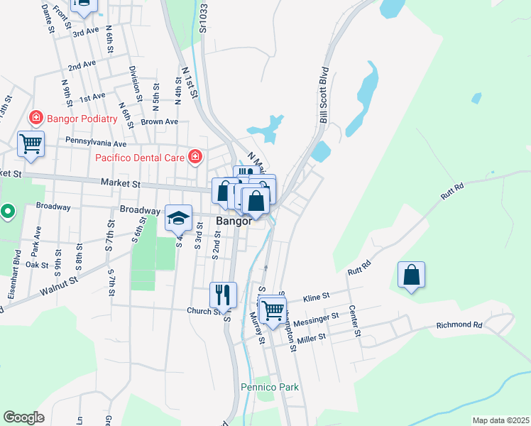 map of restaurants, bars, coffee shops, grocery stores, and more near 41 South Main Street in Bangor