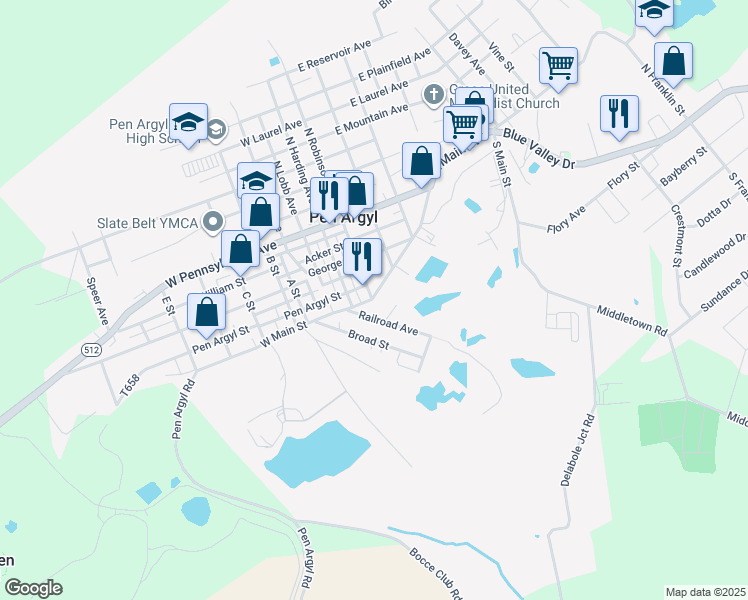 map of restaurants, bars, coffee shops, grocery stores, and more near 6 East Main Street in Pen Argyl