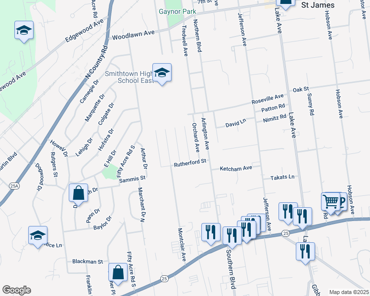 map of restaurants, bars, coffee shops, grocery stores, and more near 148 Saint James Avenue South in Saint James
