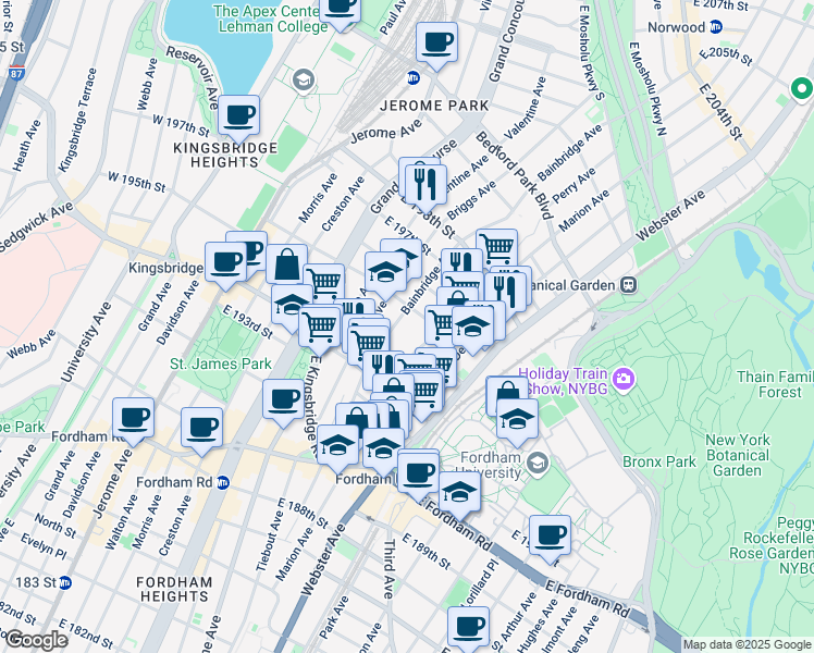 map of restaurants, bars, coffee shops, grocery stores, and more near 314 East 196th Street in The Bronx