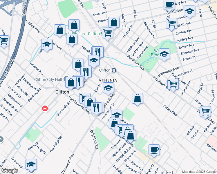 map of restaurants, bars, coffee shops, grocery stores, and more near 100 Cloverdale Road in Clifton