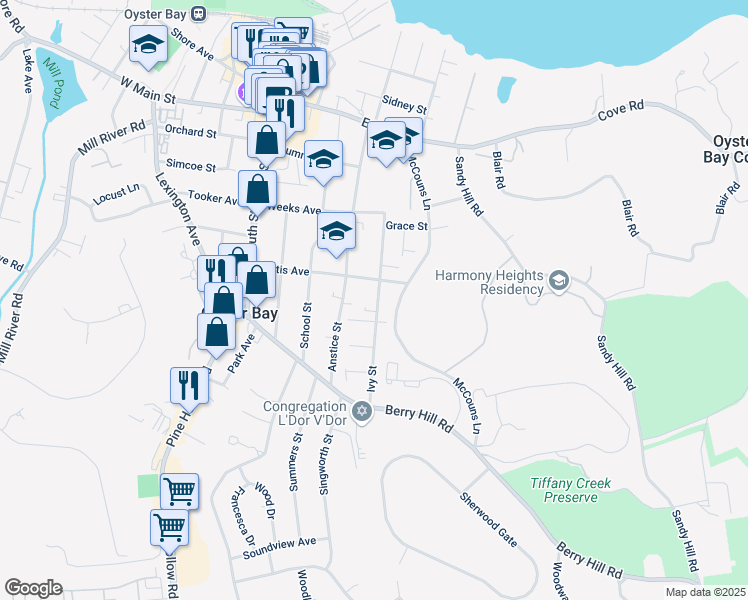 map of restaurants, bars, coffee shops, grocery stores, and more near 111 Ivy Street in Oyster Bay