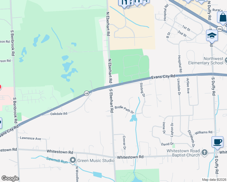 map of restaurants, bars, coffee shops, grocery stores, and more near 203 South Eberhart Road in Meridian