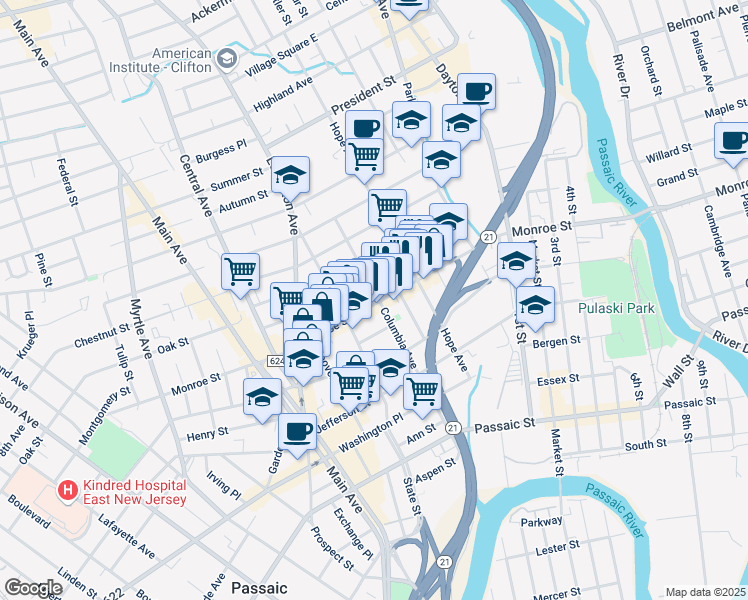 map of restaurants, bars, coffee shops, grocery stores, and more near 236 Monroe Street in Passaic