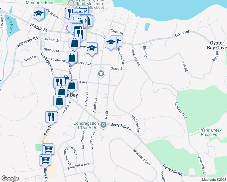 map of restaurants, bars, coffee shops, grocery stores, and more near 148 McCouns Lane in Oyster Bay