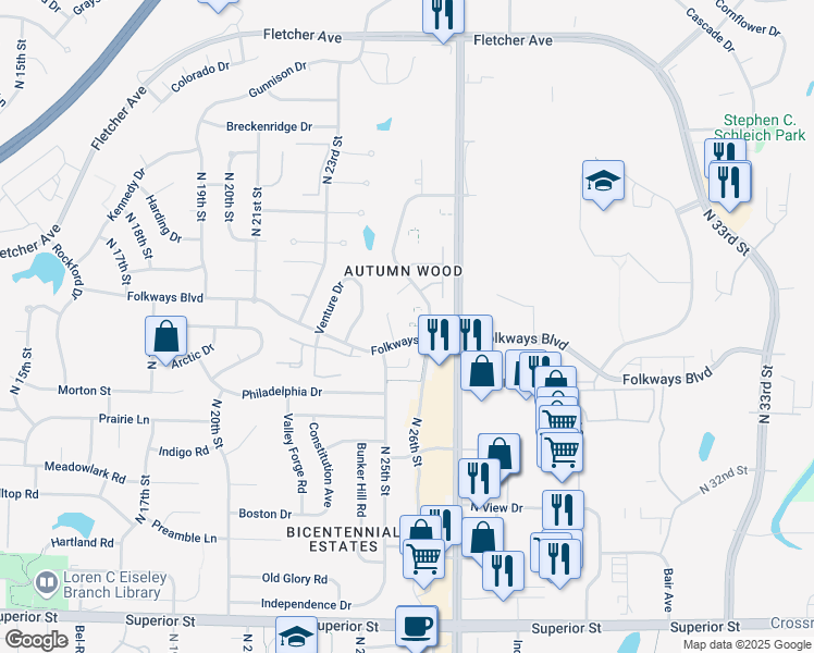 map of restaurants, bars, coffee shops, grocery stores, and more near 5423 Enterprise Drive in Lincoln