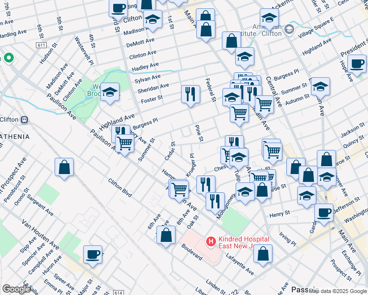 map of restaurants, bars, coffee shops, grocery stores, and more near 555 McKinley Street in Passaic