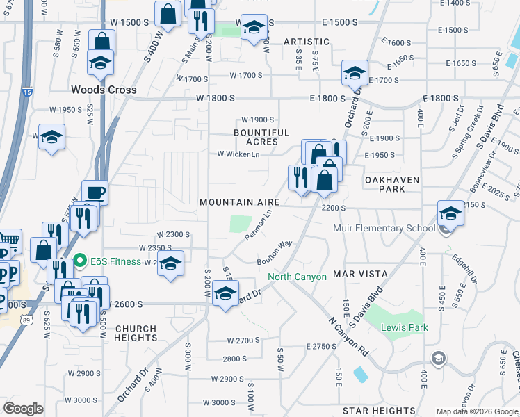 map of restaurants, bars, coffee shops, grocery stores, and more near 2218 Penman Lane in Bountiful
