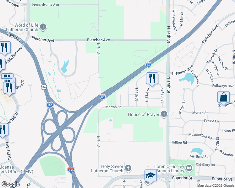 map of restaurants, bars, coffee shops, grocery stores, and more near 5249 North 9th Circle in Lincoln