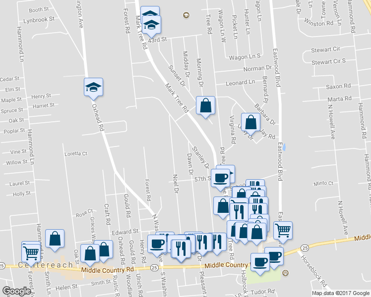 map of restaurants, bars, coffee shops, grocery stores, and more near 159 Dawn Drive in Centereach