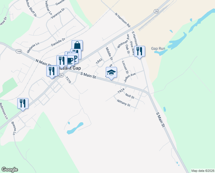 map of restaurants, bars, coffee shops, grocery stores, and more near 230 South Main Street in Pleasant Gap