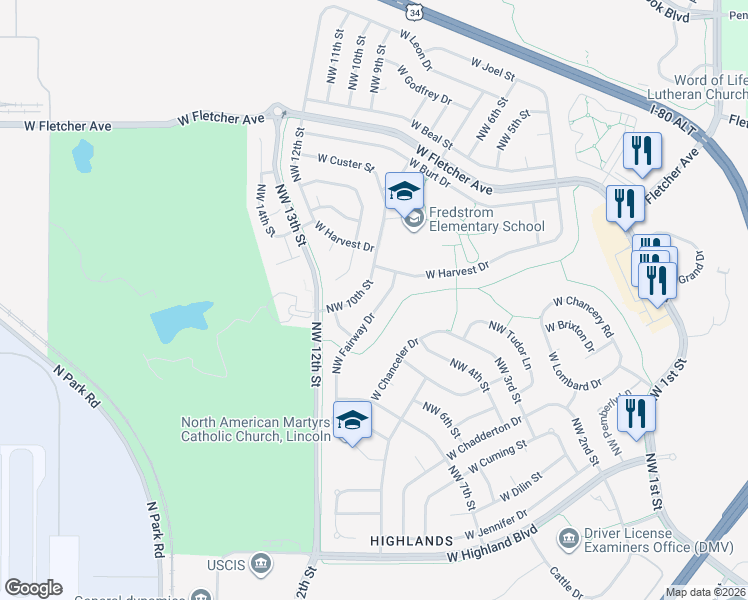 map of restaurants, bars, coffee shops, grocery stores, and more near 5549 Northwest Fairway Drive in Lincoln
