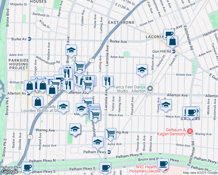 map of restaurants, bars, coffee shops, grocery stores, and more near 2716 Laconia Avenue in Bronx