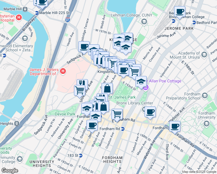map of restaurants, bars, coffee shops, grocery stores, and more near Davidson Avenue & West 192nd Street in Bronx
