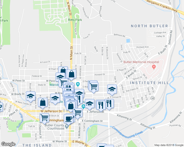 map of restaurants, bars, coffee shops, grocery stores, and more near 426 Franklin Street in Butler