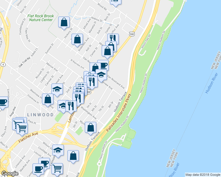 map of restaurants, bars, coffee shops, grocery stores, and more near 24 Bayview Avenue in Englewood Cliffs
