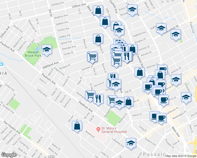 map of restaurants, bars, coffee shops, grocery stores, and more near 521 Harrison St in Passaic