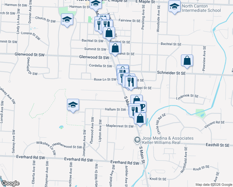 map of restaurants, bars, coffee shops, grocery stores, and more near 122 James Street Southwest in North Canton