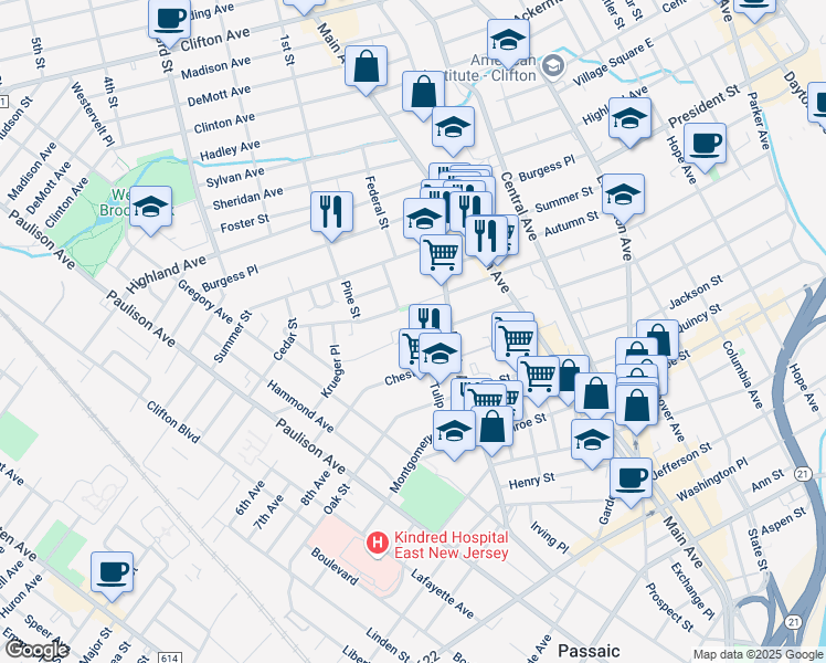 map of restaurants, bars, coffee shops, grocery stores, and more near 308 Sherman Street in Passaic