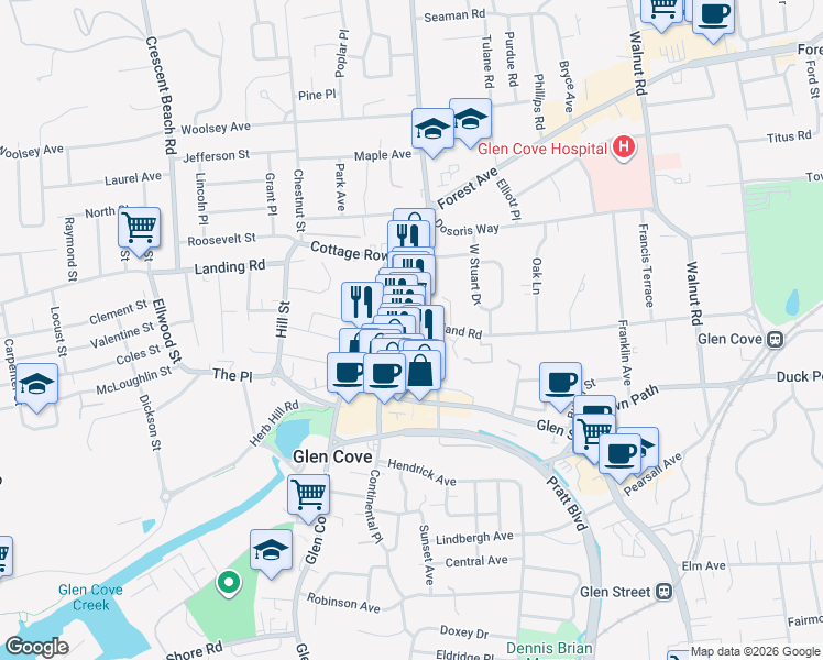 map of restaurants, bars, coffee shops, grocery stores, and more near 44 School Street in Glen Cove