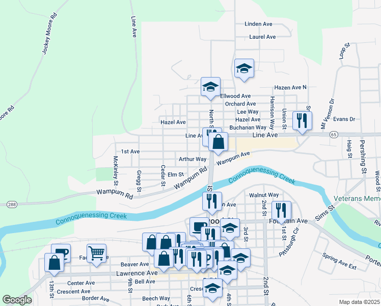 map of restaurants, bars, coffee shops, grocery stores, and more near 215 College Street in Ellwood City