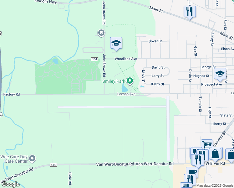map of restaurants, bars, coffee shops, grocery stores, and more near 1425 Leeson Avenue in Van Wert